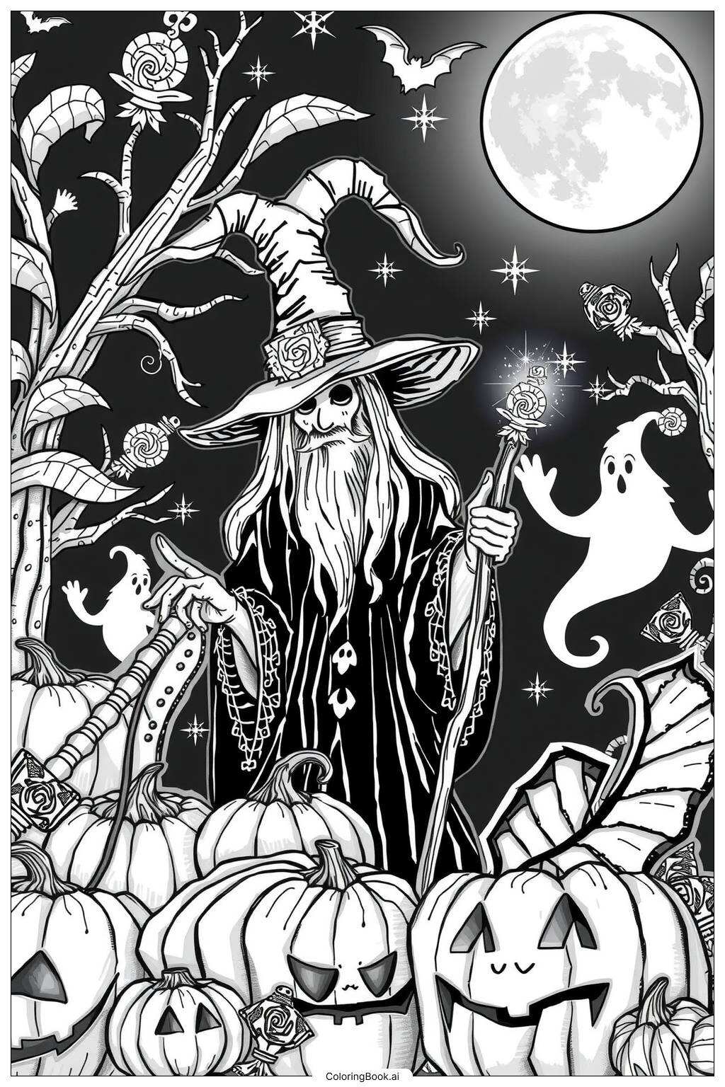  Page de coloriage sorcière nuit d'Halloween 