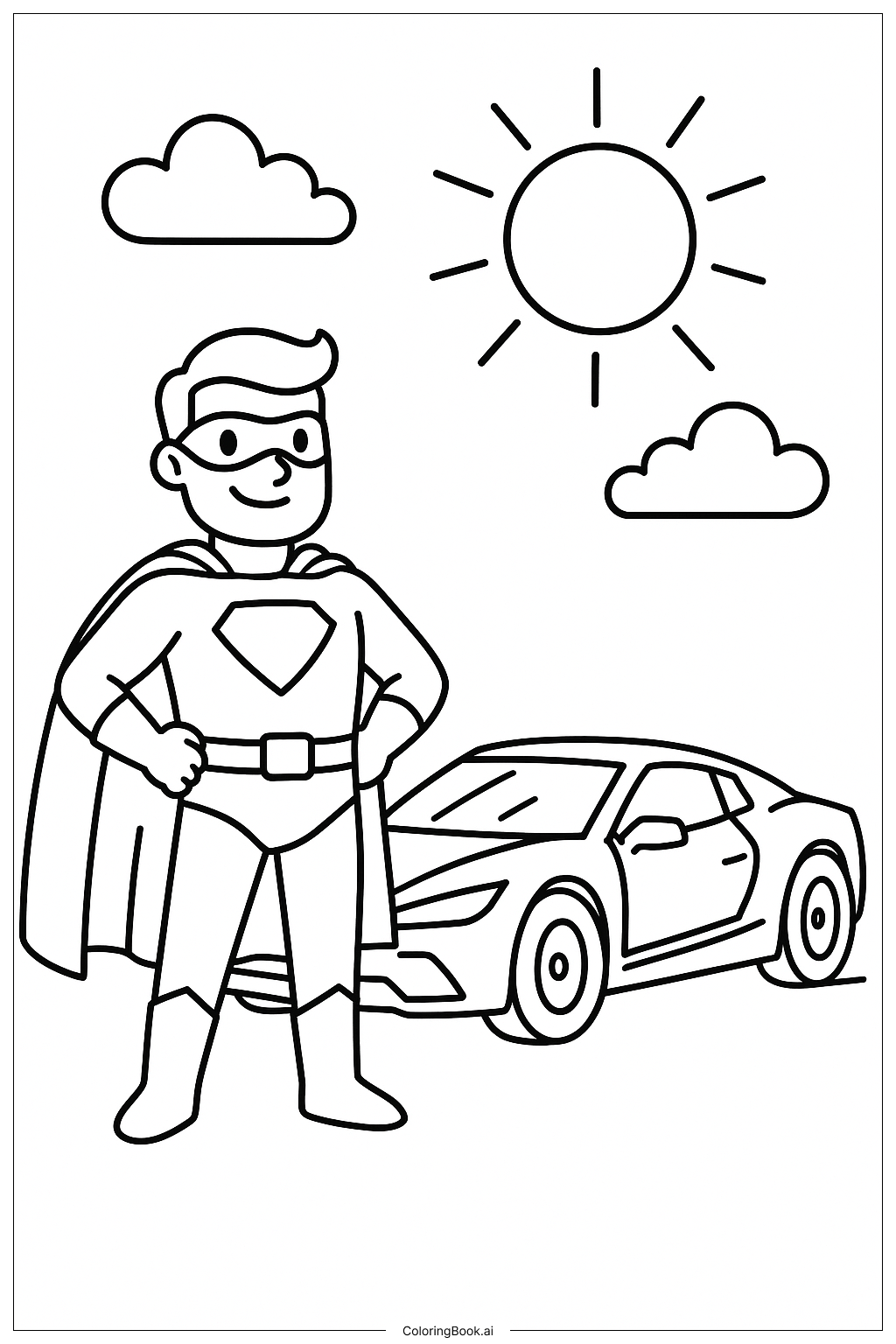 Der Superheld und sein Superauto Ausmalseite
