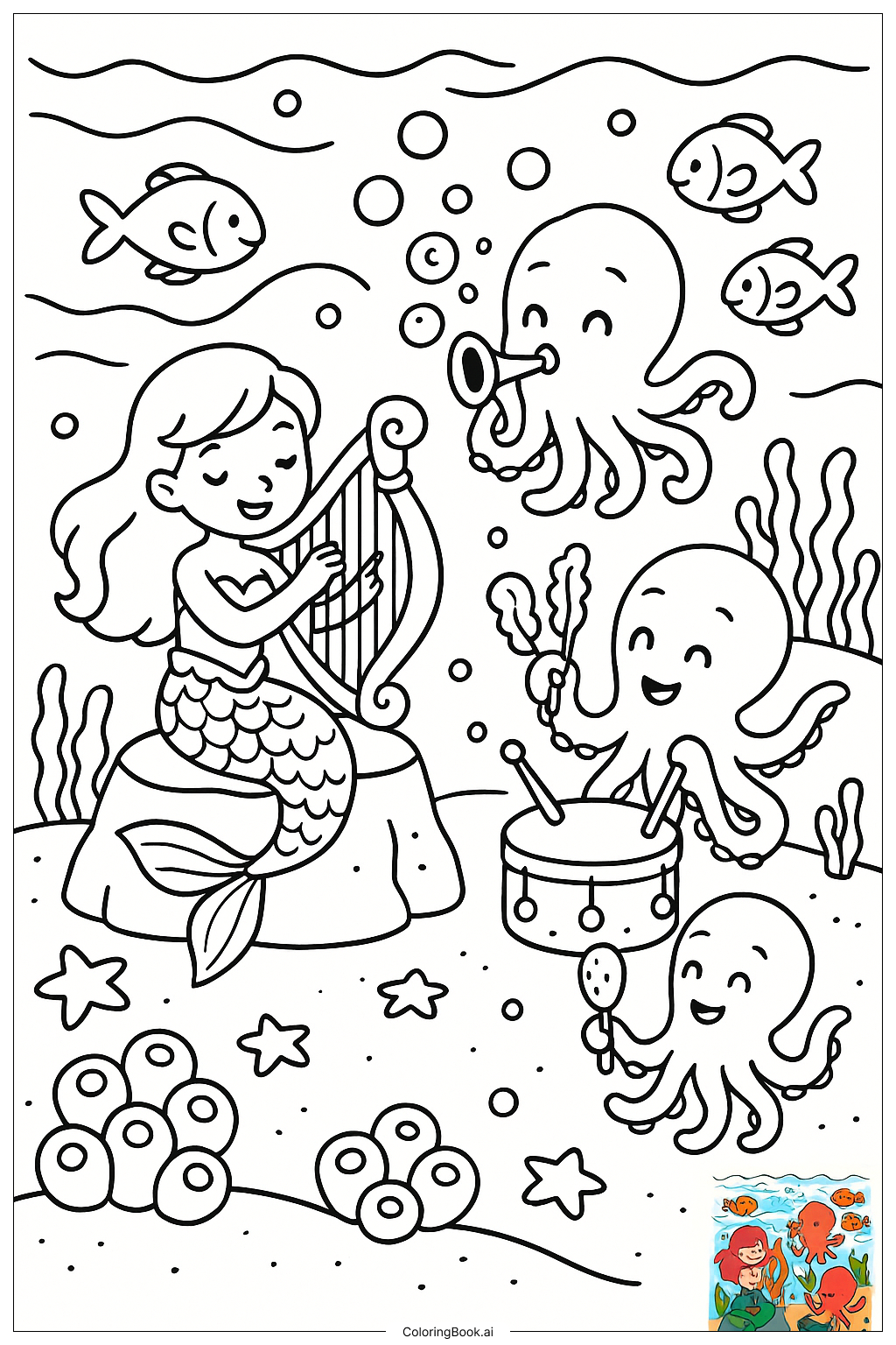  Mermaid And Octopus Band Performing填色页 