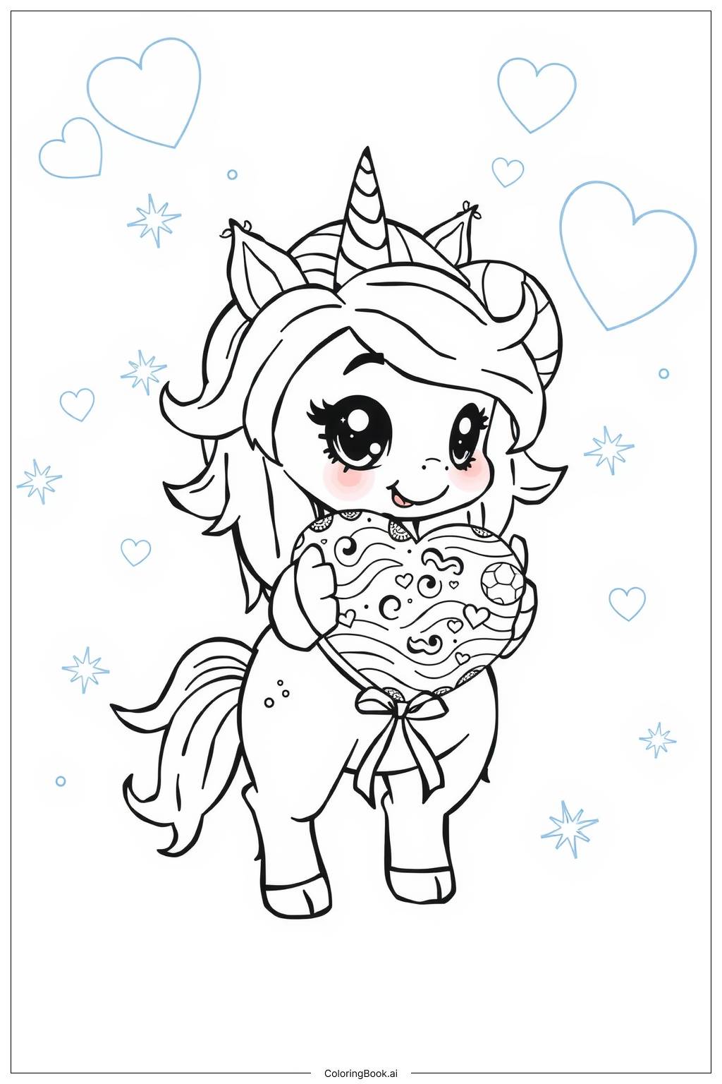  Page de coloriage mignon licorne kawaii tenant un cœur-2 