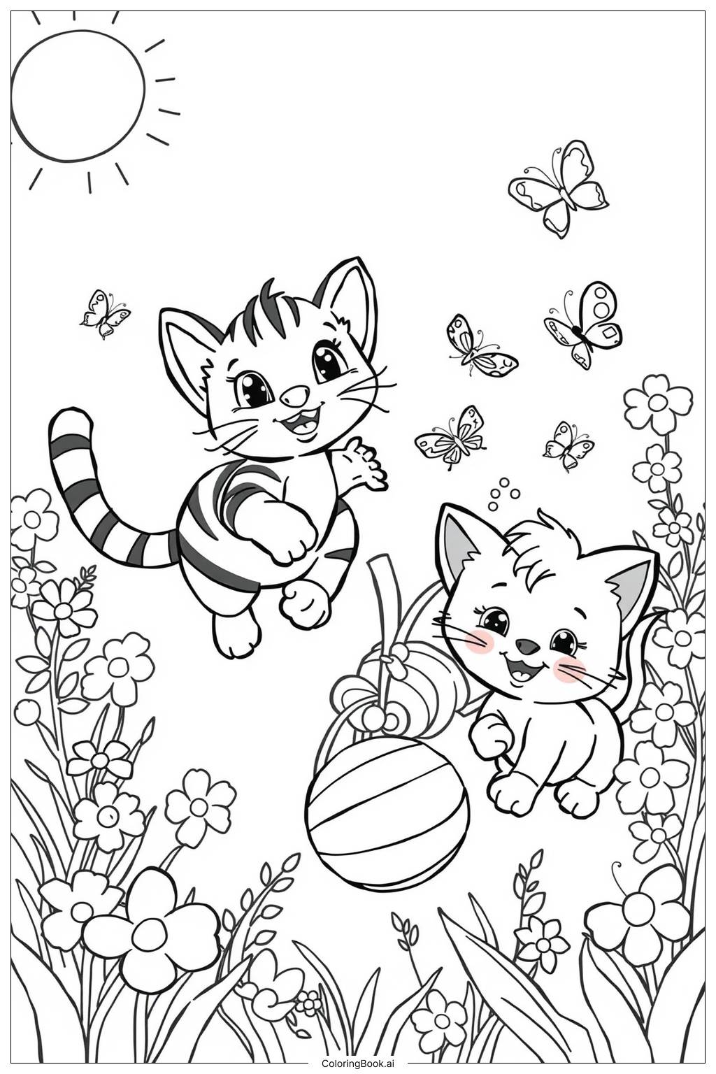  Page de coloriage Des chatons jouant dans une prairie ensoleillée 