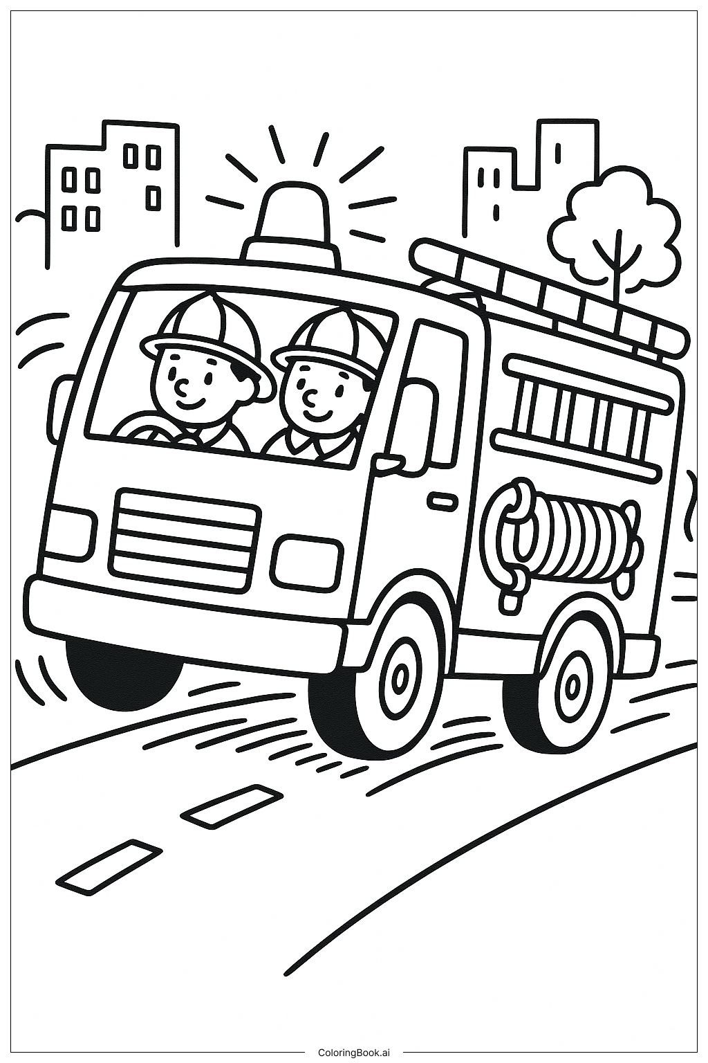  Page de coloriage Camion de pompiers en mission d'urgence 