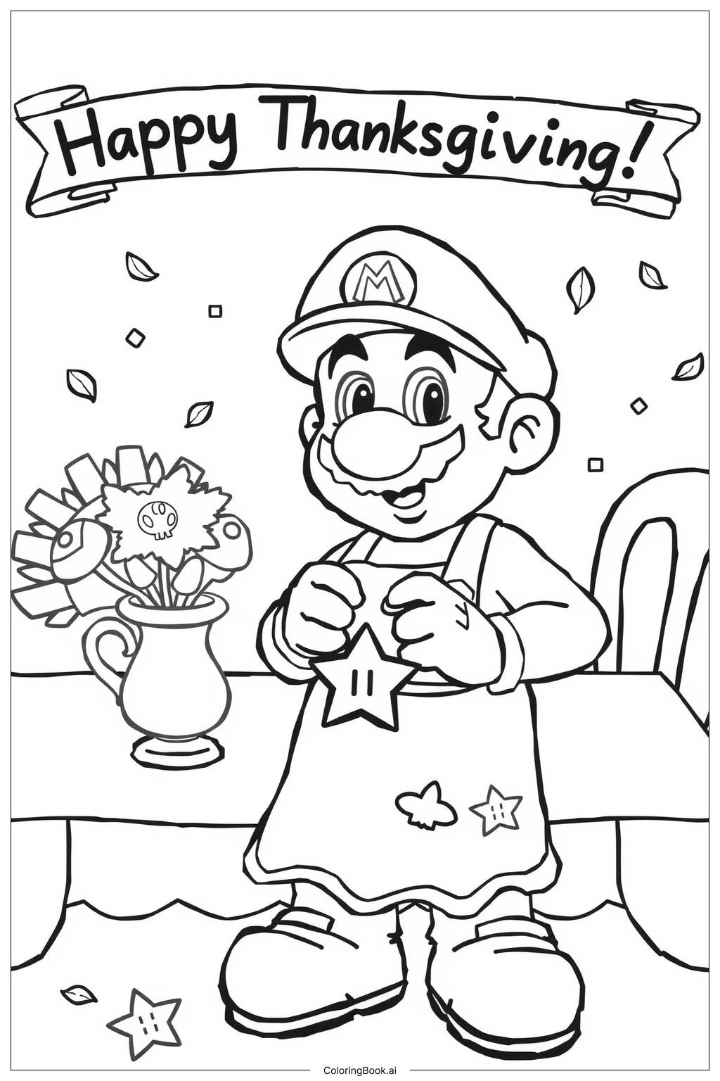  Mario Decorating for Thanksgiving with Power-Ups Coloring Page 