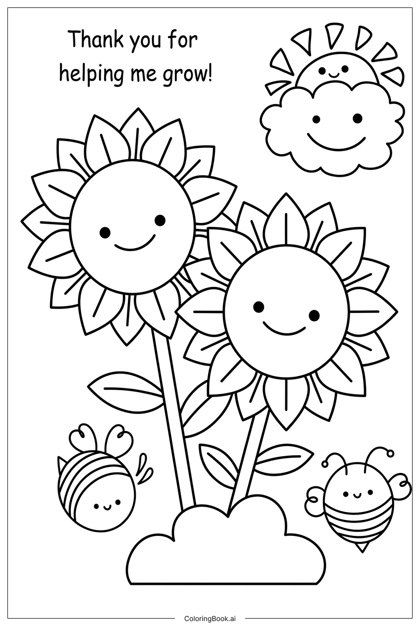 Página para colorear de Gracias por ayudarme a crecer girasoles abejas