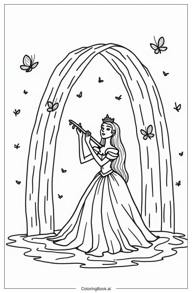  Page de coloriage Princesse True et papillons jouant près de la fontaine musicale de la cascade arc-en-ciel 