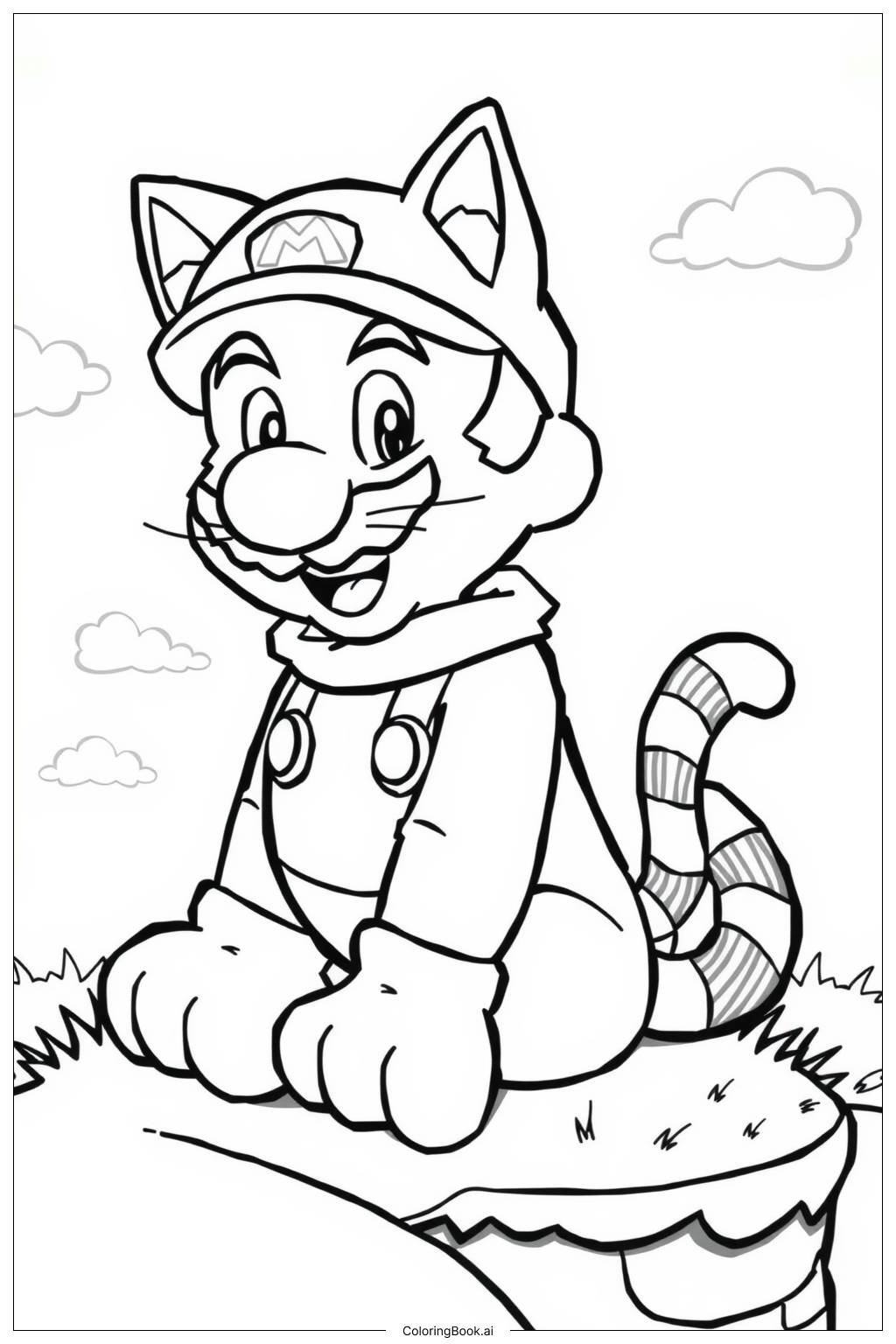  Cat Mario Sitting and Smiling Coloring Page 