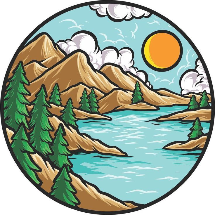 Paysage de montagne serein : Un lac calme entouré de grands pins et de nuages