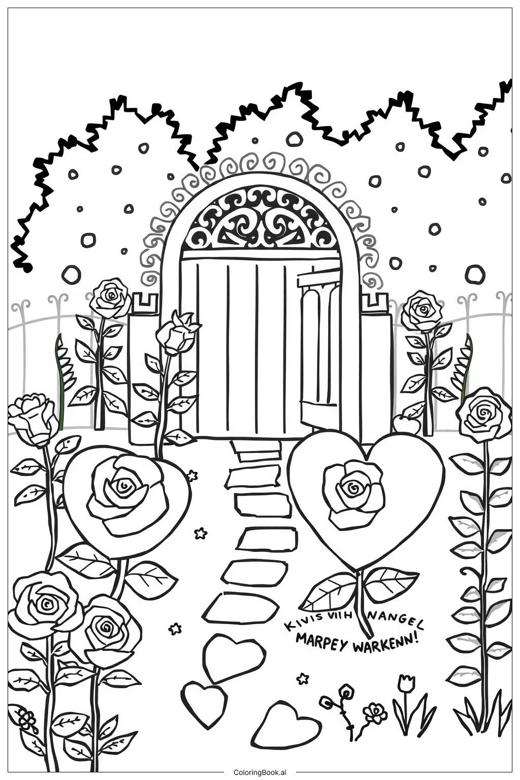 Página para colorear de Jardín de Rosas Corazón Amor