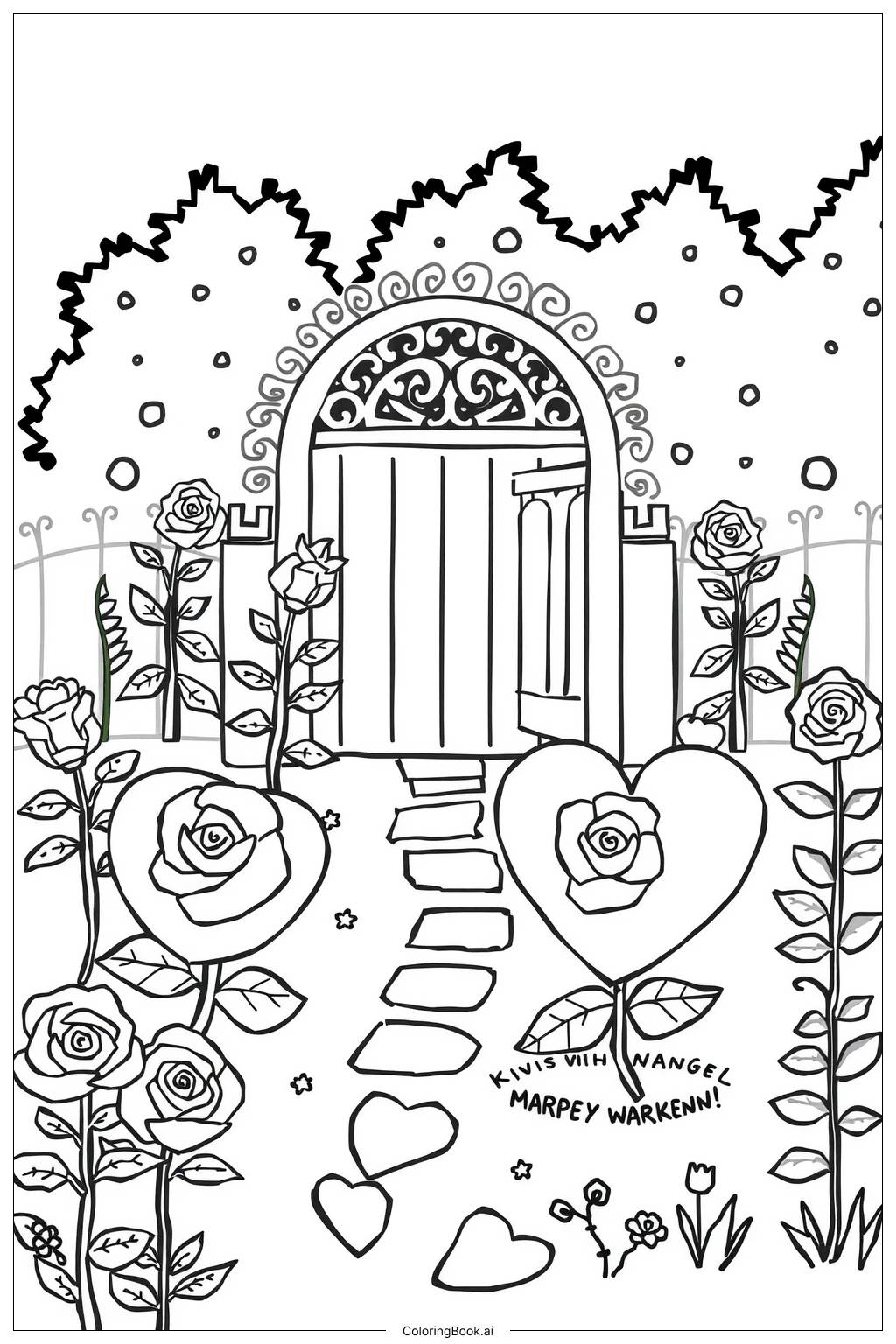  Page de coloriage Jardin de Roses en Forme de Coeur 