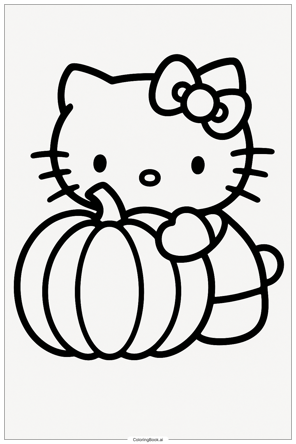 大きなカボチャを抱きしめるハローキティ 塗り絵ページ（無料の