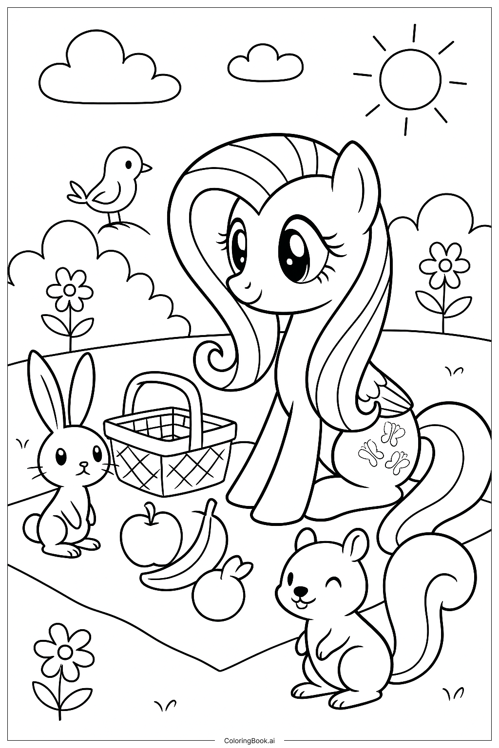  Trang tô màu Fluttershy Đi Dã Ngoại Với Các Loài Động Vật 