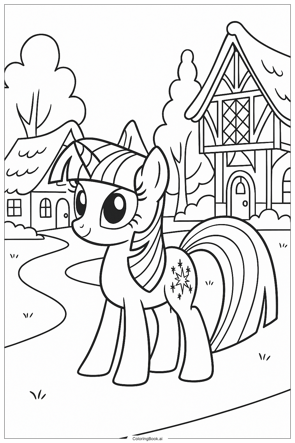  Page de coloriage Twilight Sparkle arrivant à Ponyville 