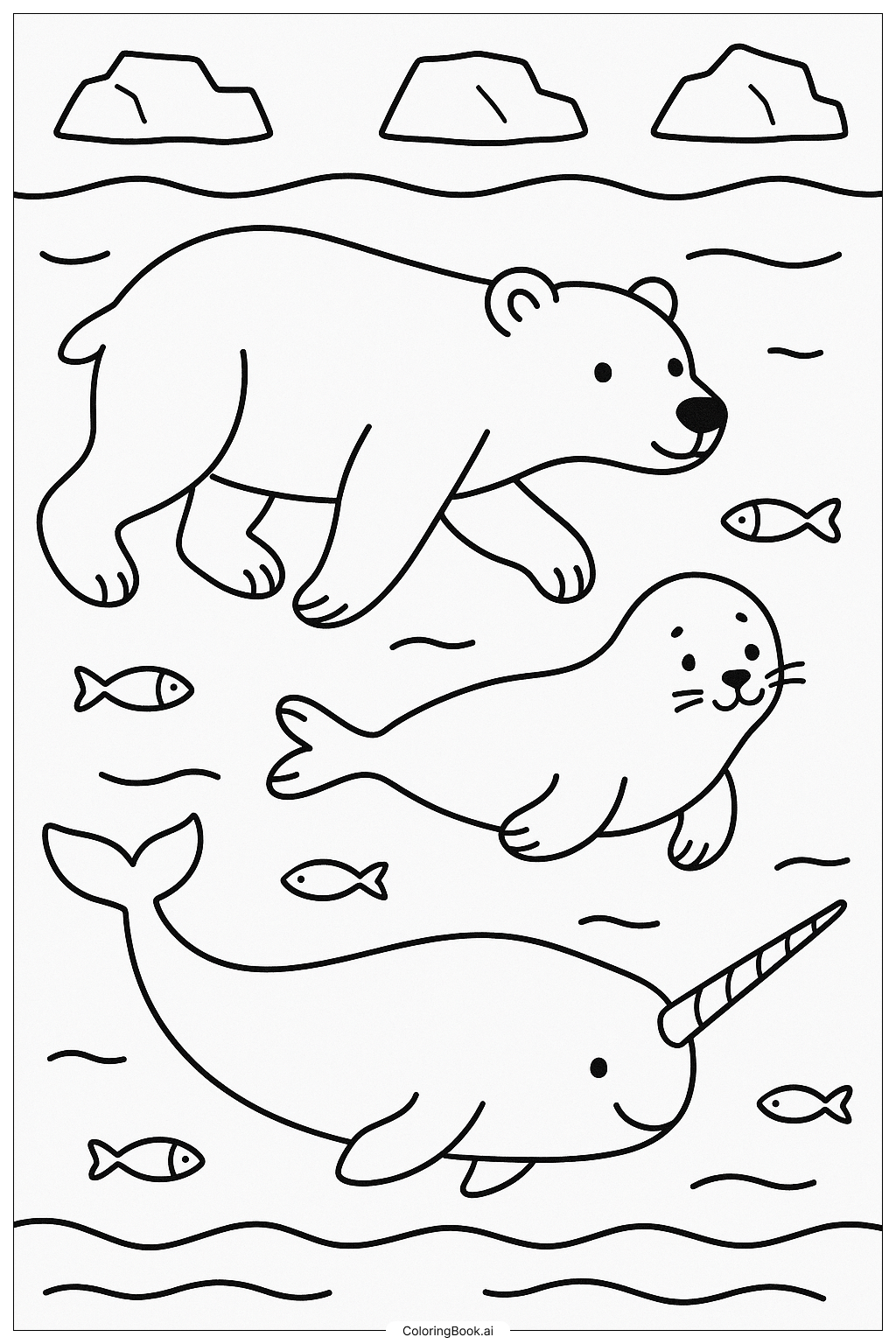  氷の下を泳ぐ北極の動物たちの塗り絵ページ 