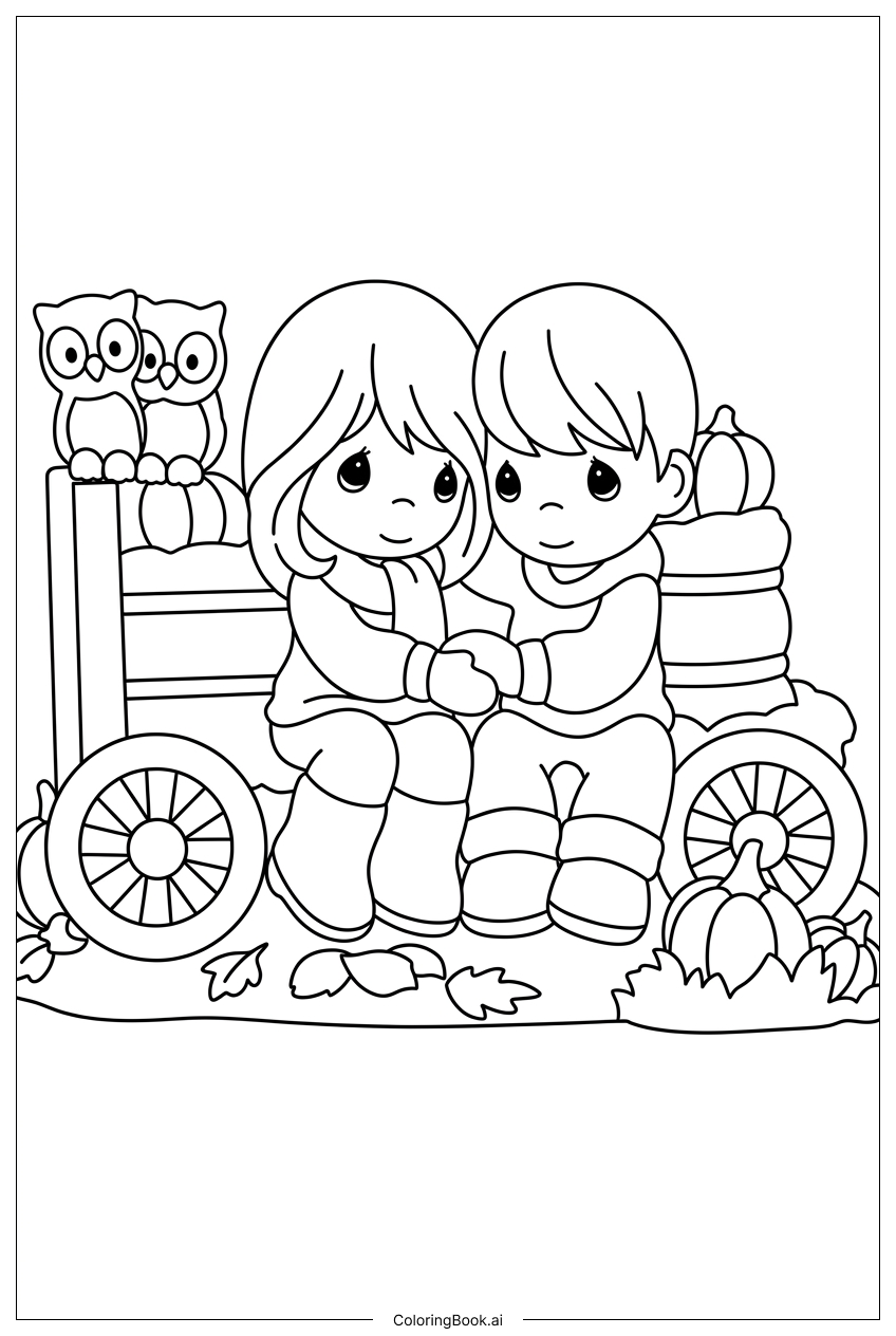 Precious Momentsのカップルが秋のワゴンで寄り添う 塗り絵ページ