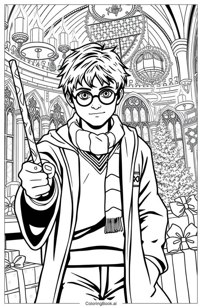  Page de coloriage Harry Potter lançant un sort avec sa baguette 