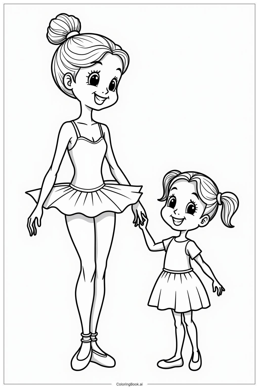  Ballerina with a Little Girl Dreaming of Dancing Coloring Page 