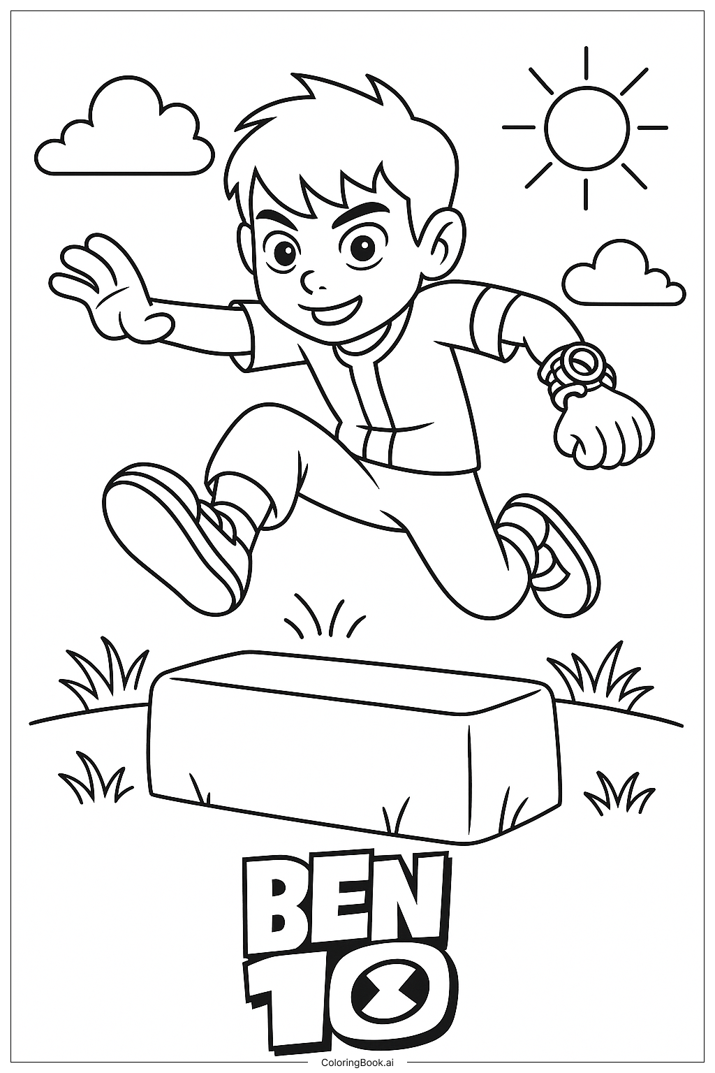 Ben 10 Jumping Over An Obstacle Coloring Page Free PDF PNG Printable 