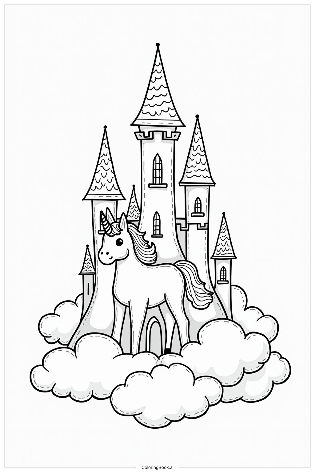  Page de coloriage Château de Licorne Royaume des Nuages 