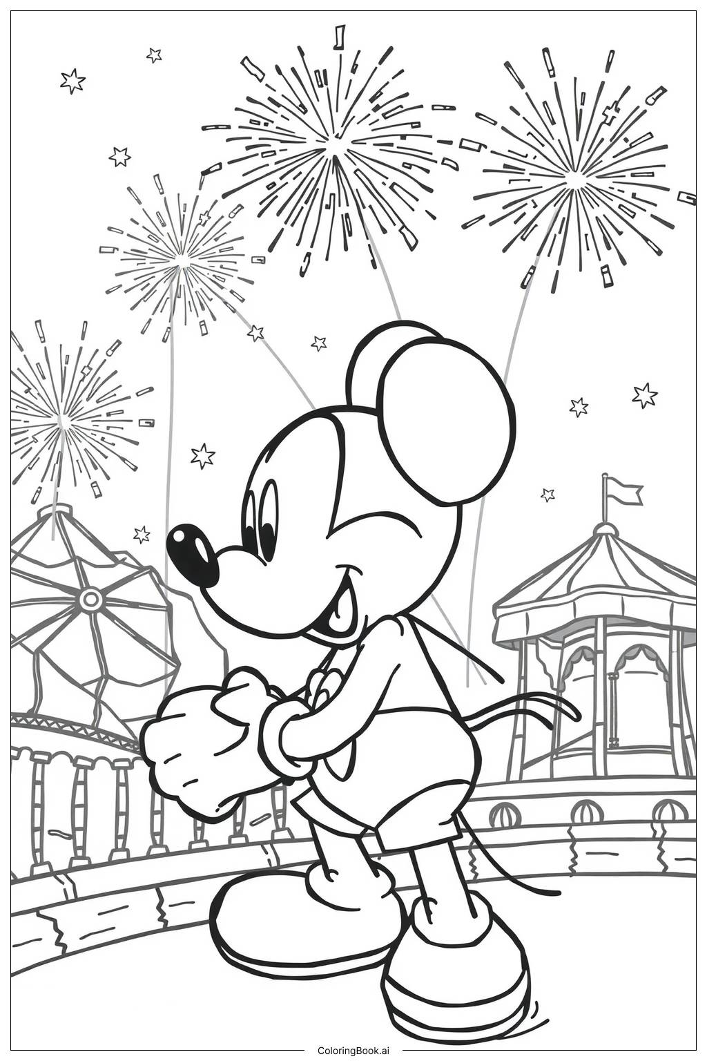  Fireworks and Mickey Mouse at a Fair Coloring Page 