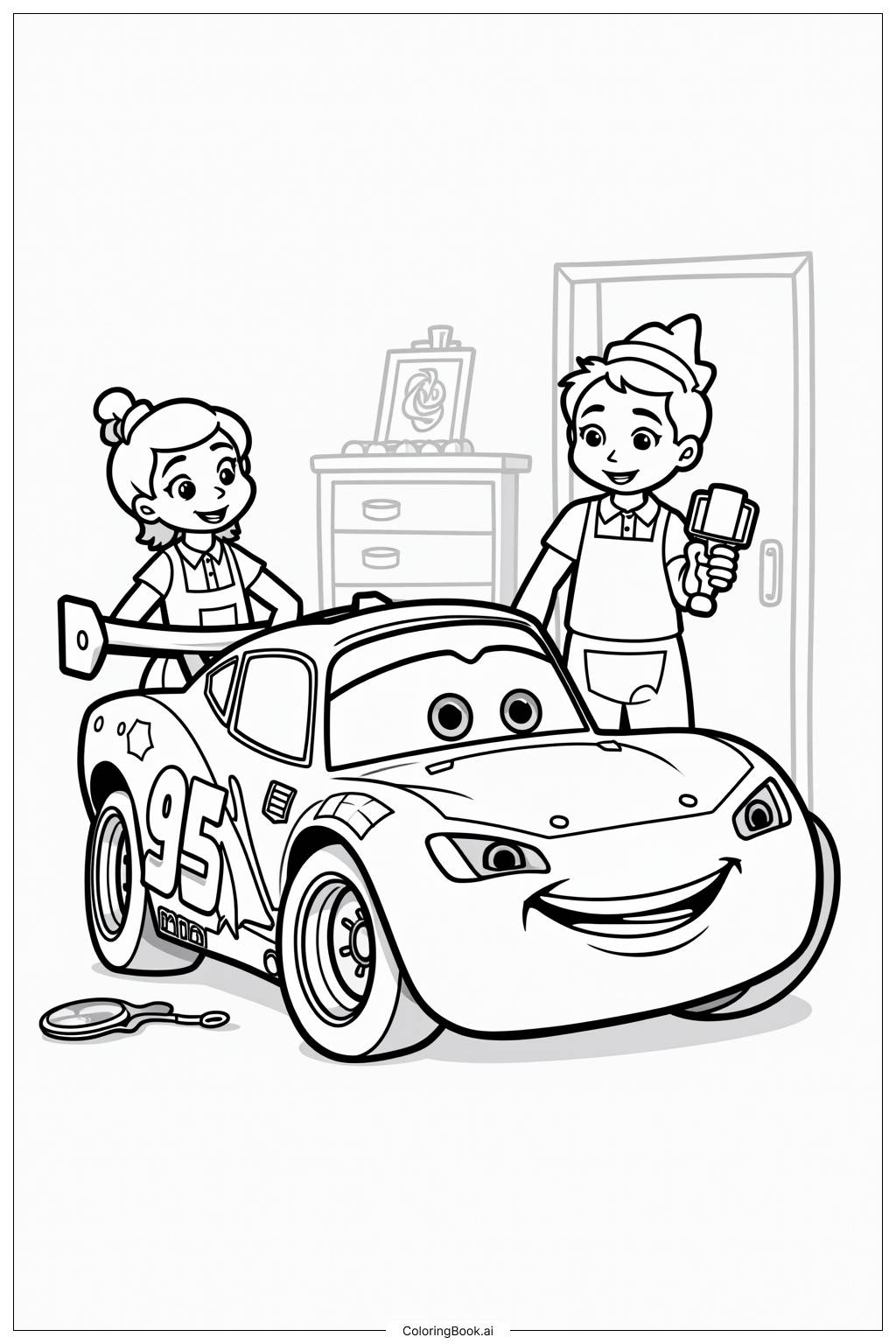  Página para colorear de Lightning McQueen Recibiendo un Nuevo Trabajo de Pintura 