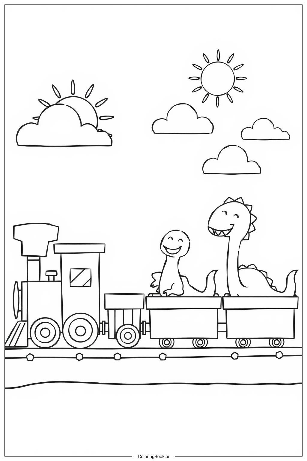  Página para colorir de trem de dinossauro com dinossauros brincalhões 