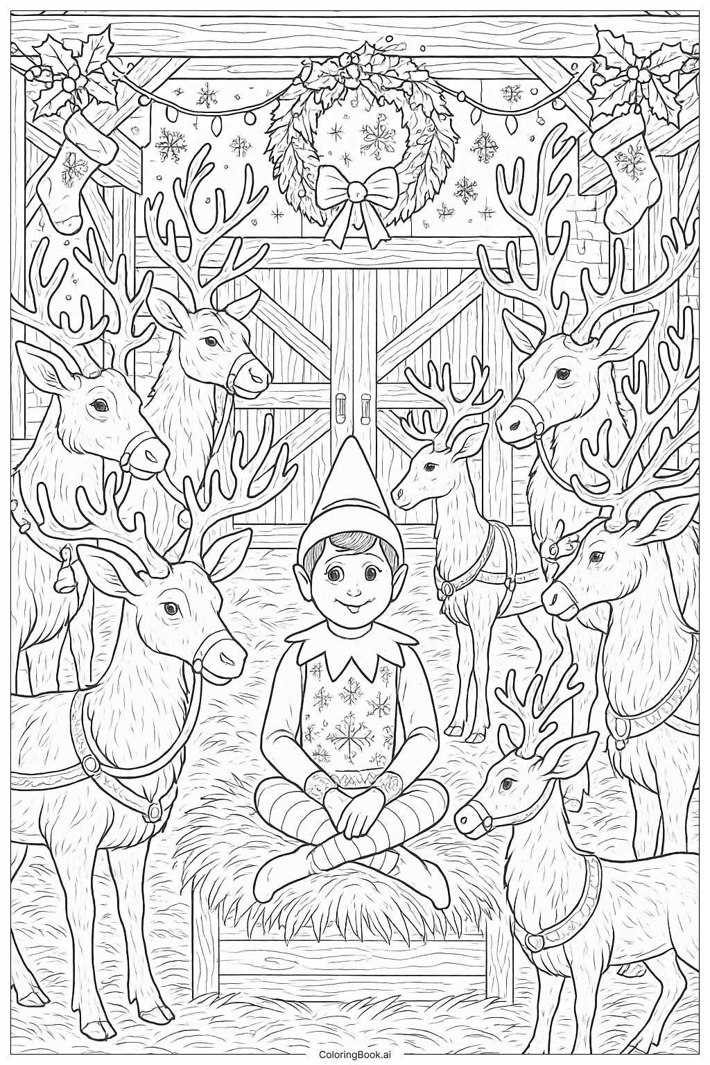  Página para colorir de Duende na Prateleira com Todas as Renas no Estábulo 