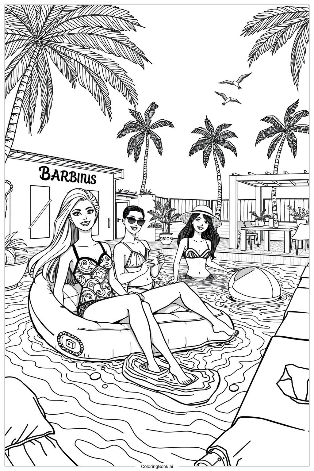  Page de coloriage fête à la piscine de la maison Malibu de Barbie 