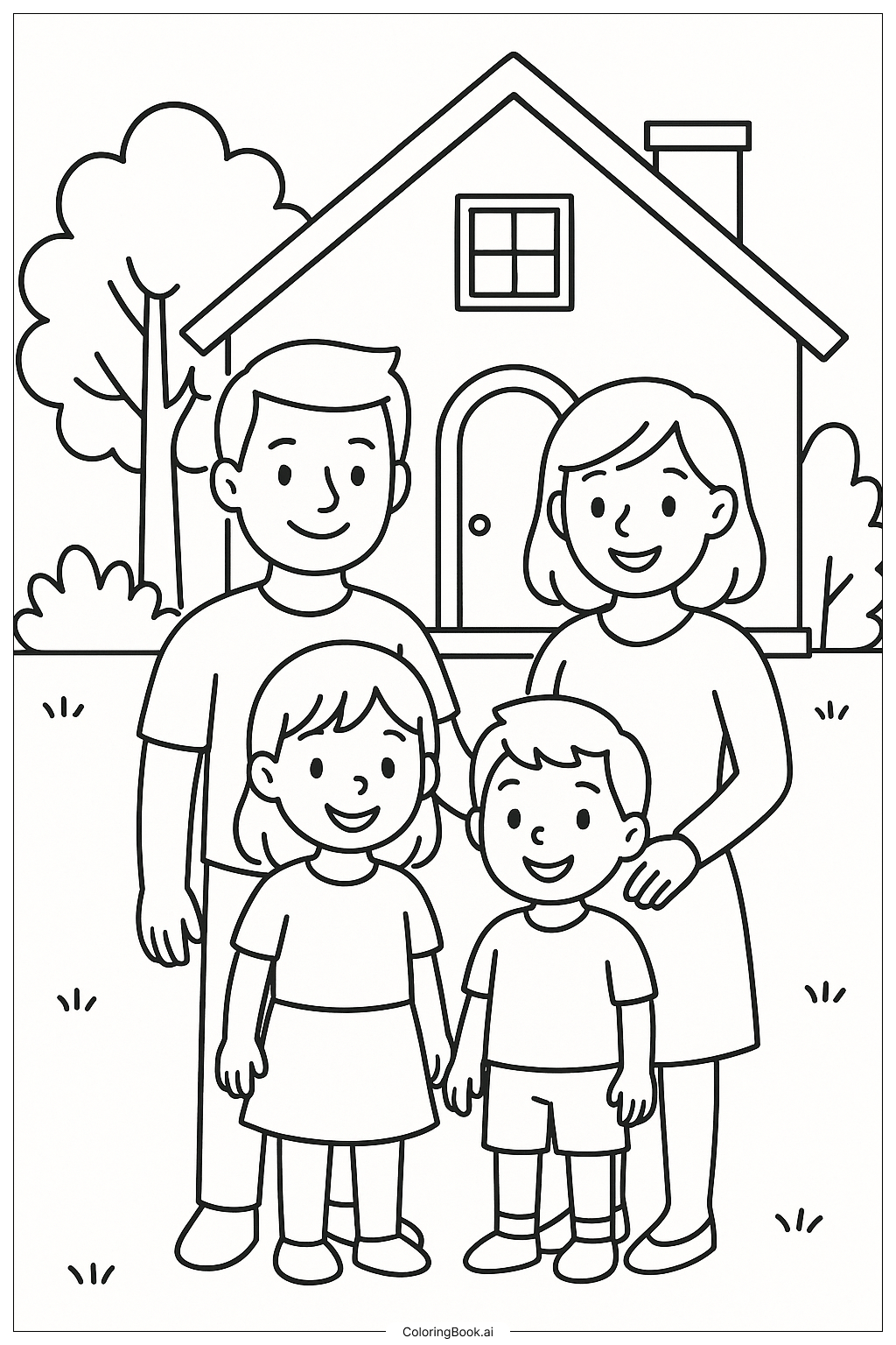 A Family in Front of their House Coloring Page