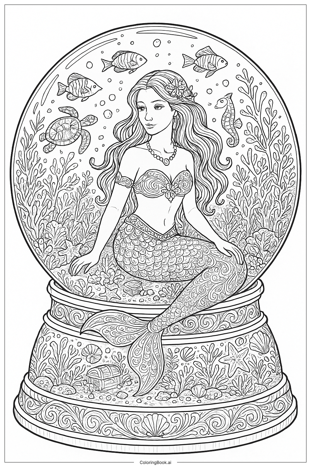 精巧な水中の人魚のスノードームの塗り絵ページ