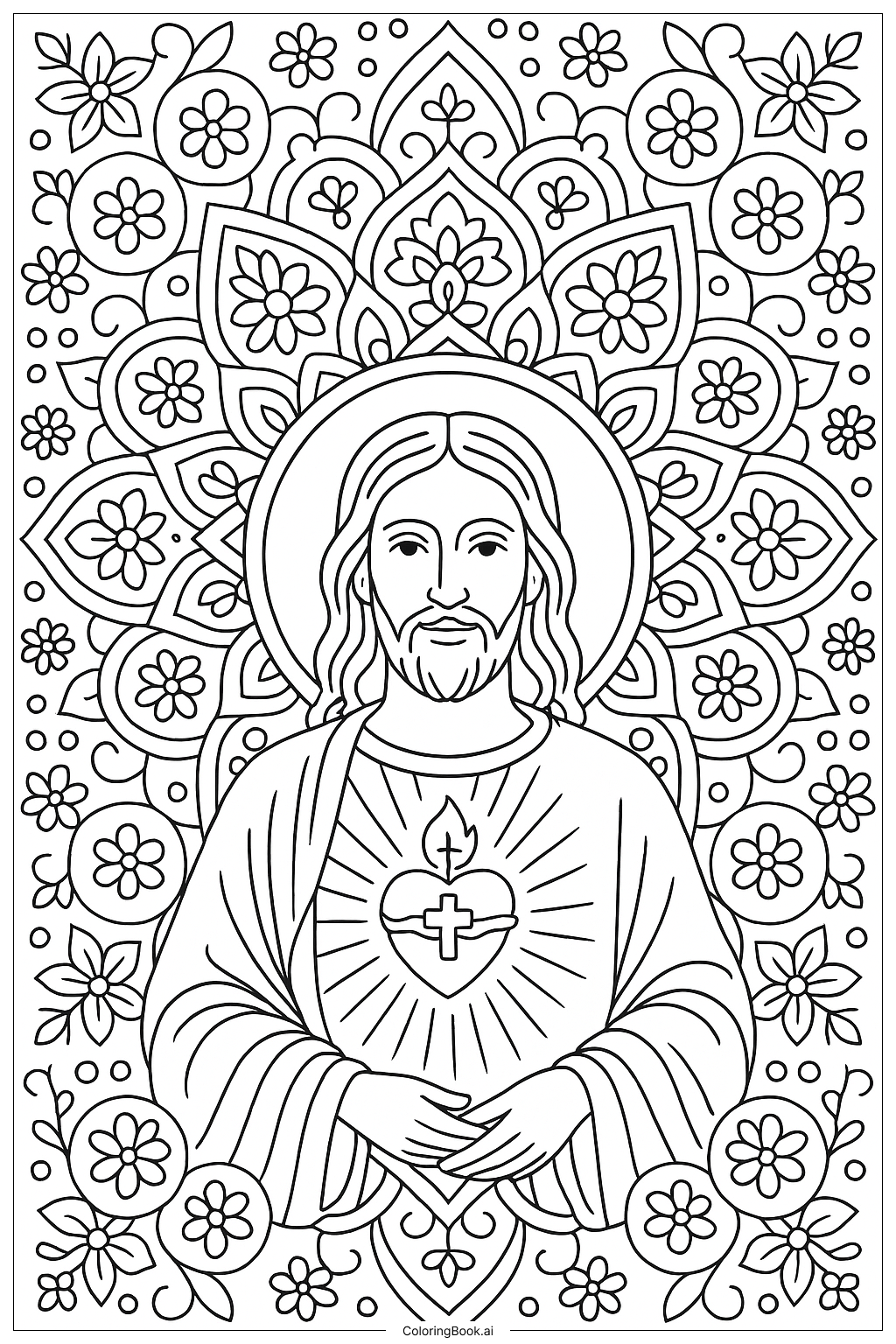  Página para colorear de Un patrón de mandala adulto con Jesús 