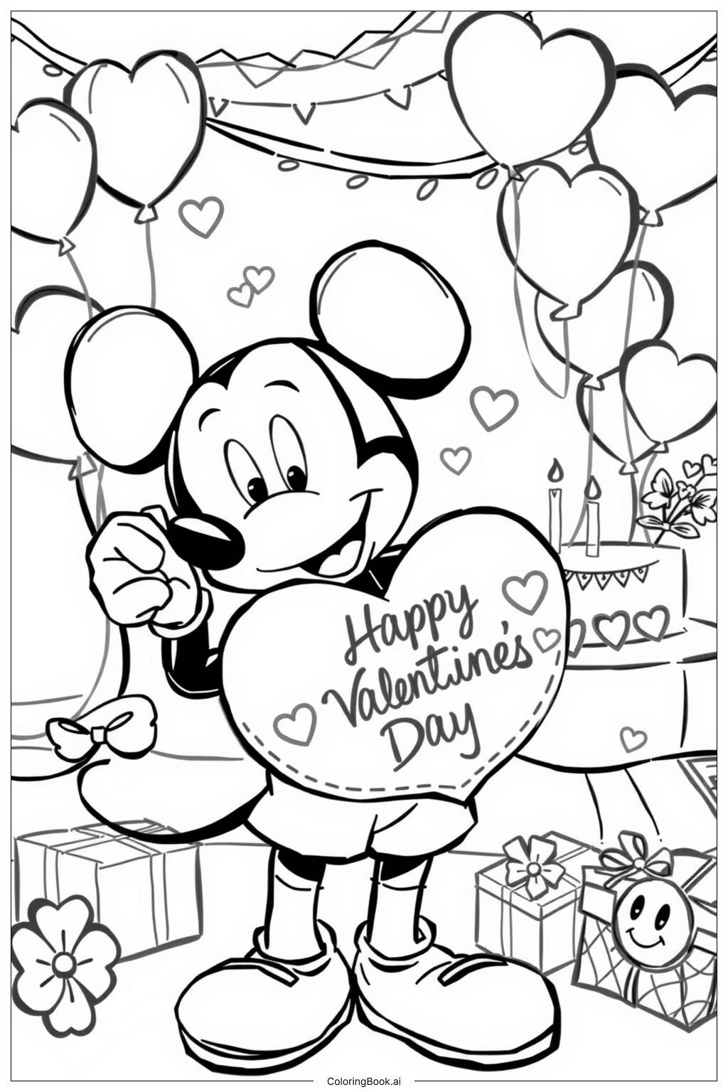  Página para colorear de Fiesta de San Valentín de Mickey Mouse 'Feliz Día de San Valentín' 