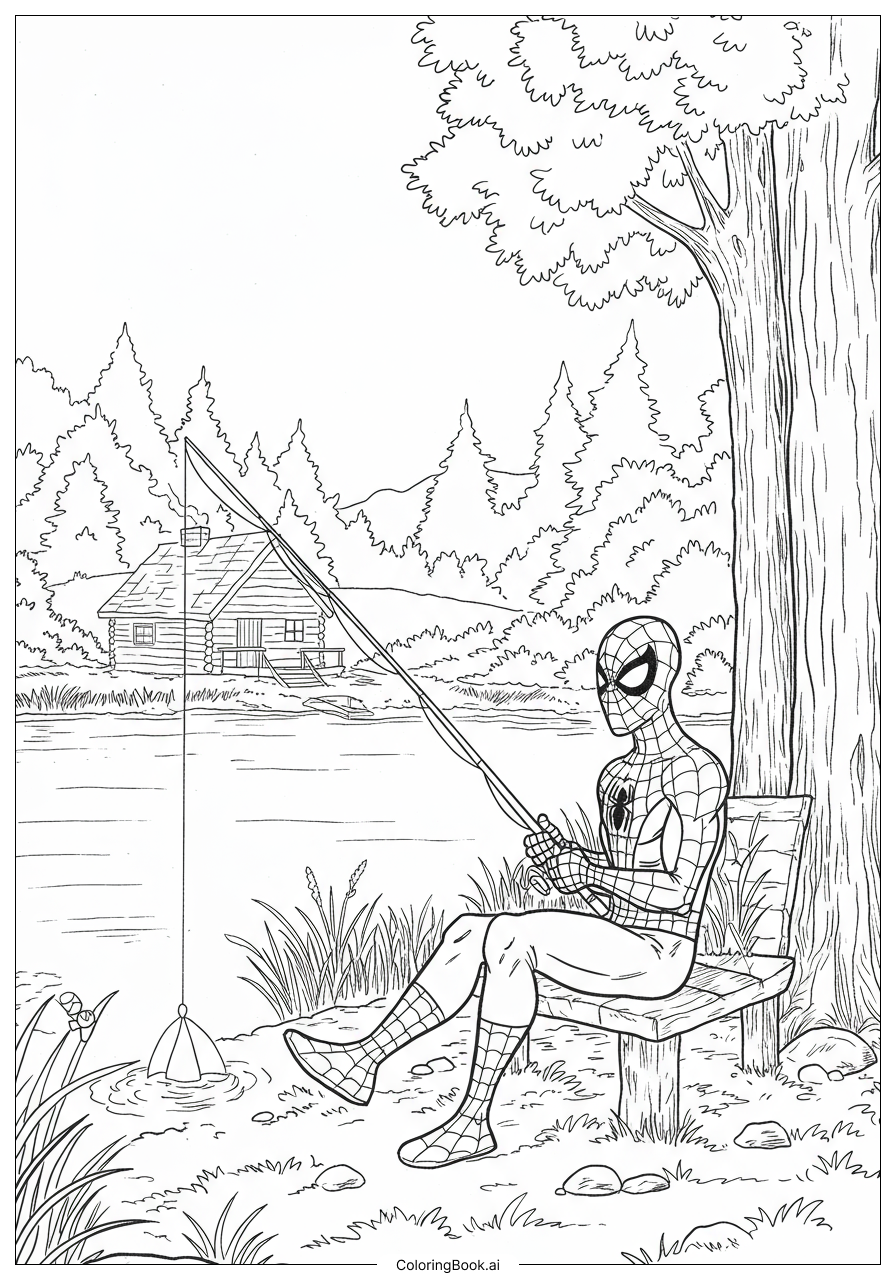 Spiderman fishing by a lake Coloring Page 
