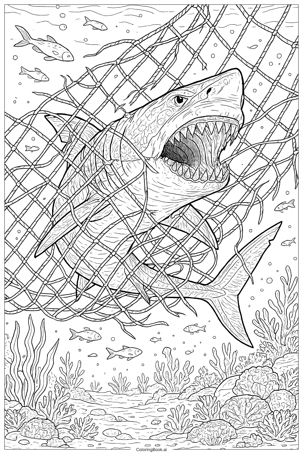  Megalodon, der einem Fischernetz entkommt Ausmalseite 