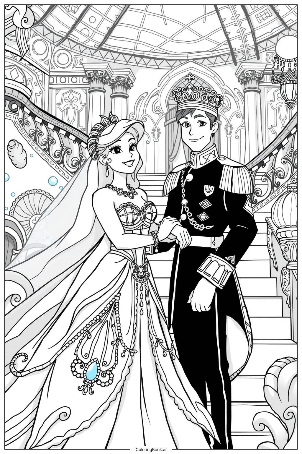  Page de coloriage Ariel et Melody jouant avec des créatures marines, Ariel et Eric dans une scène de mariage royal 