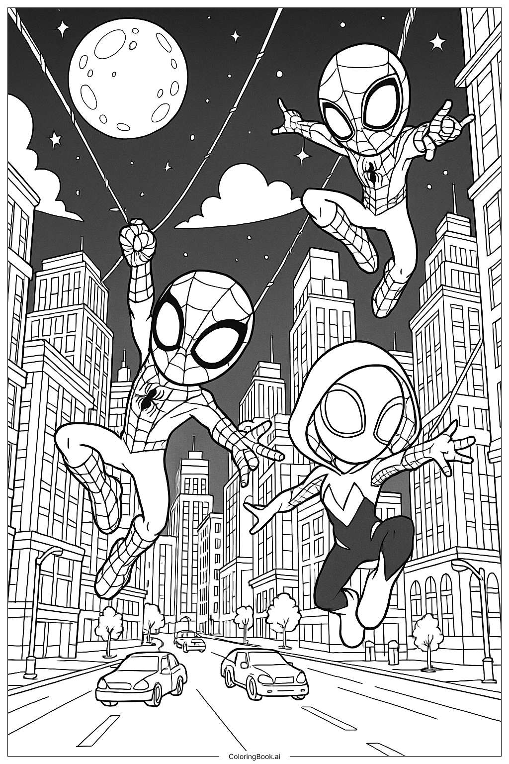  Página para colorear de Spidey y sus increíbles amigos se balancean juntos de noche 