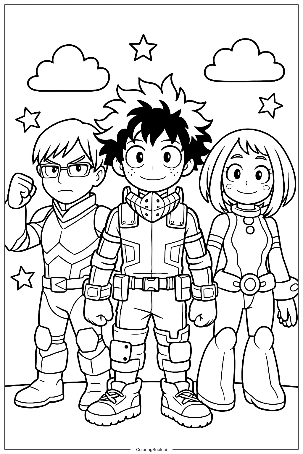  Página para colorir de My Hero Academia Deku Iida E Uraraka 