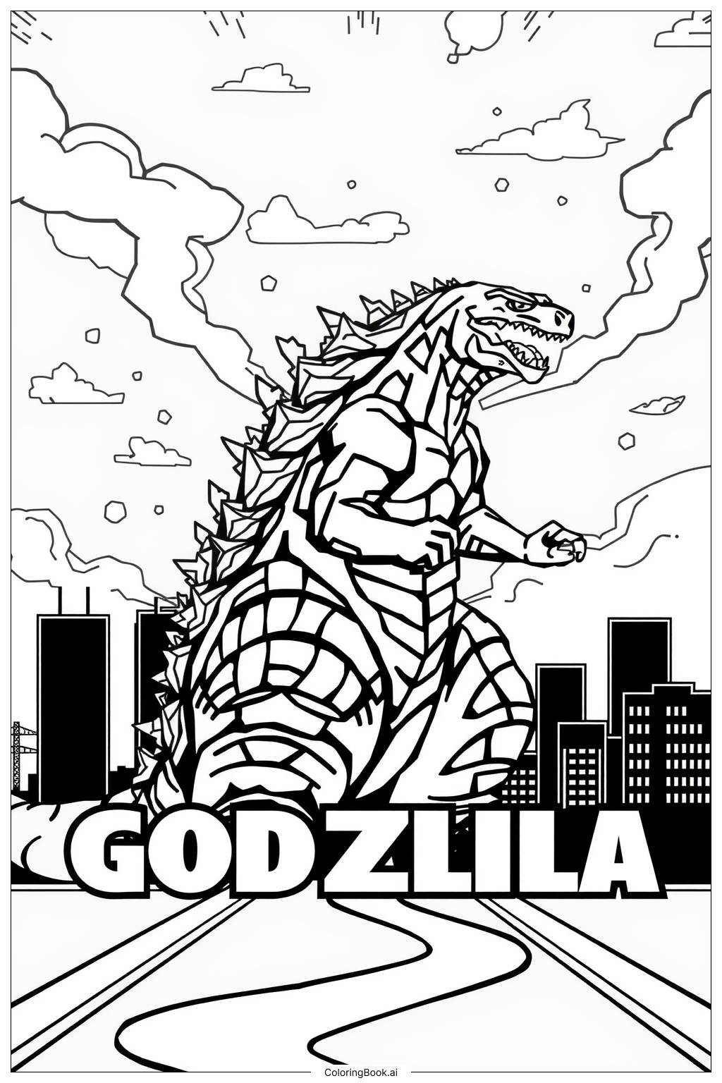  Godzilla einfache Linienstudie Ausmalseite 