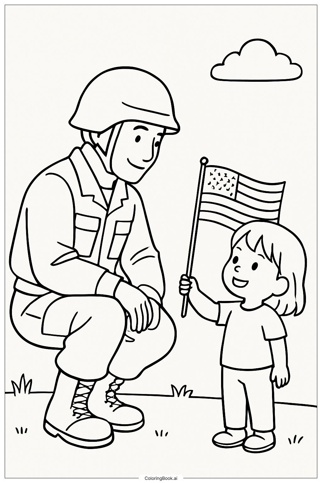  退伍军人节的士兵和孩子填色页 