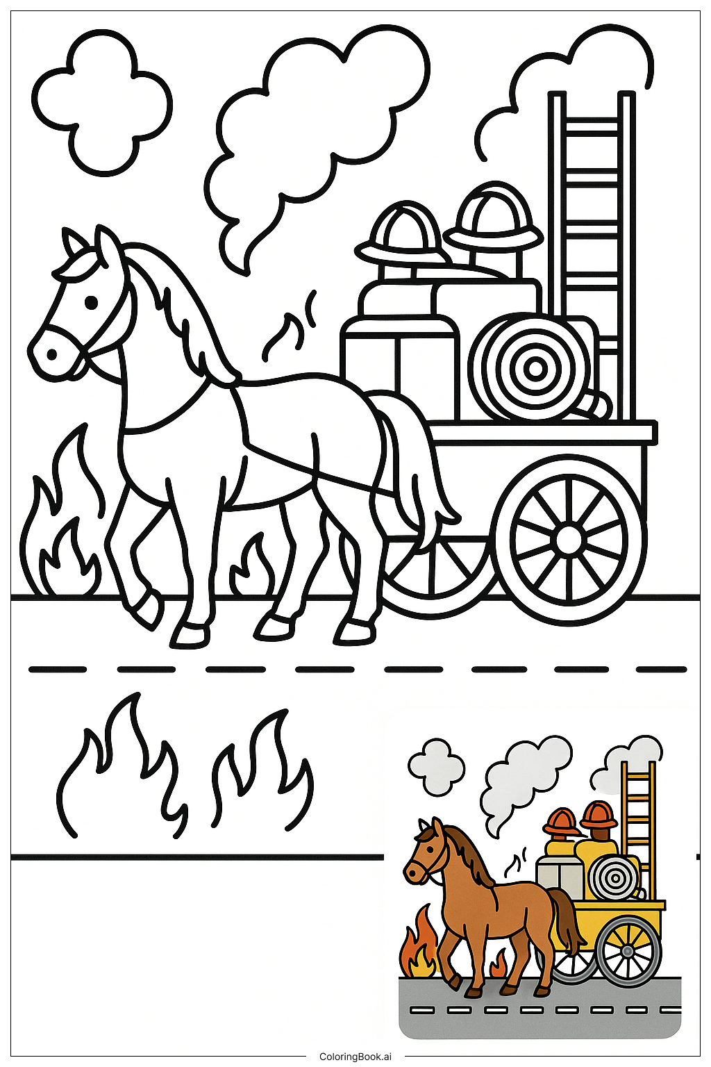  消防隊の馬車を引く馬の塗り絵ページ 