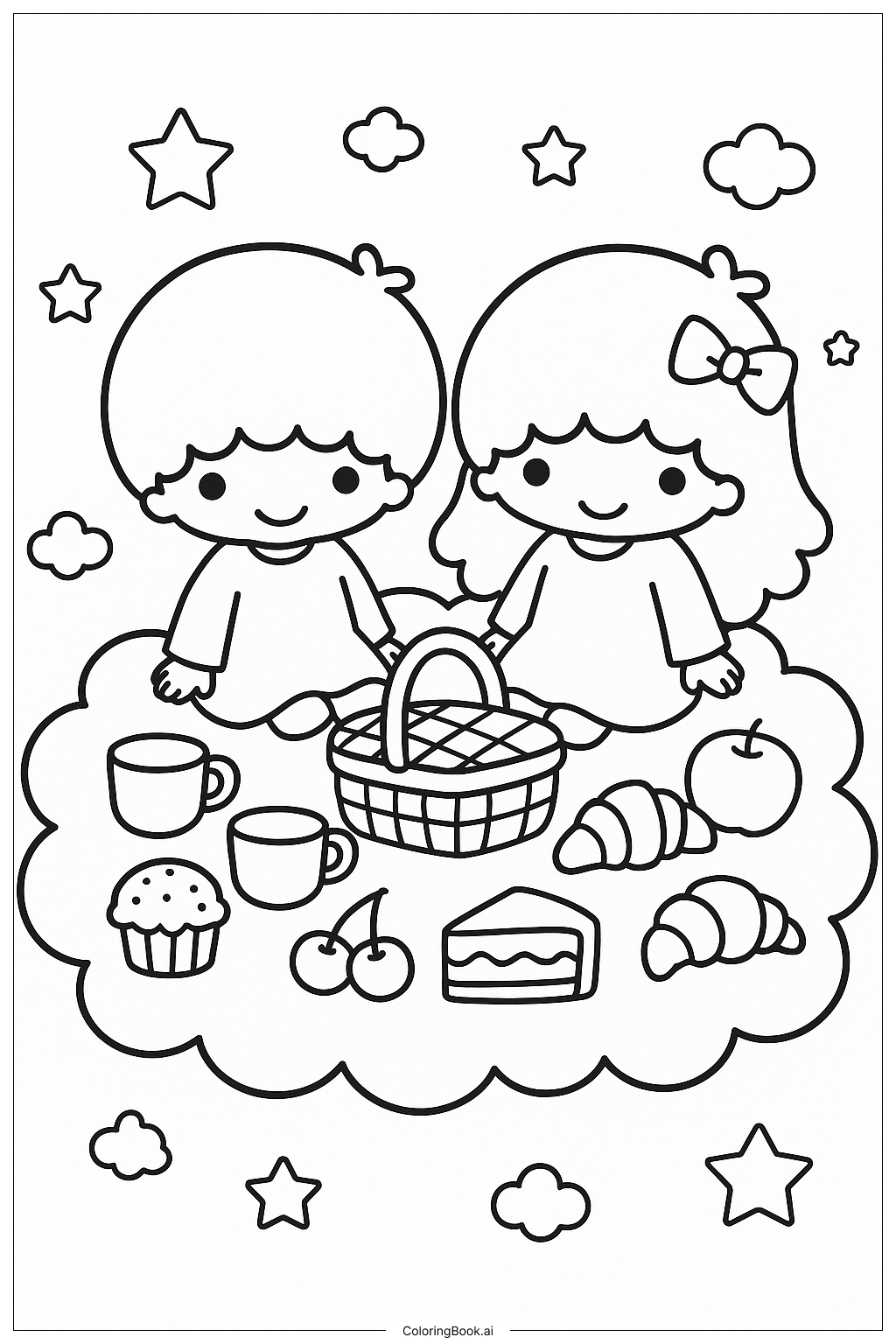  リトルツインスターズが雲の上でピクニックの塗り絵ページ 