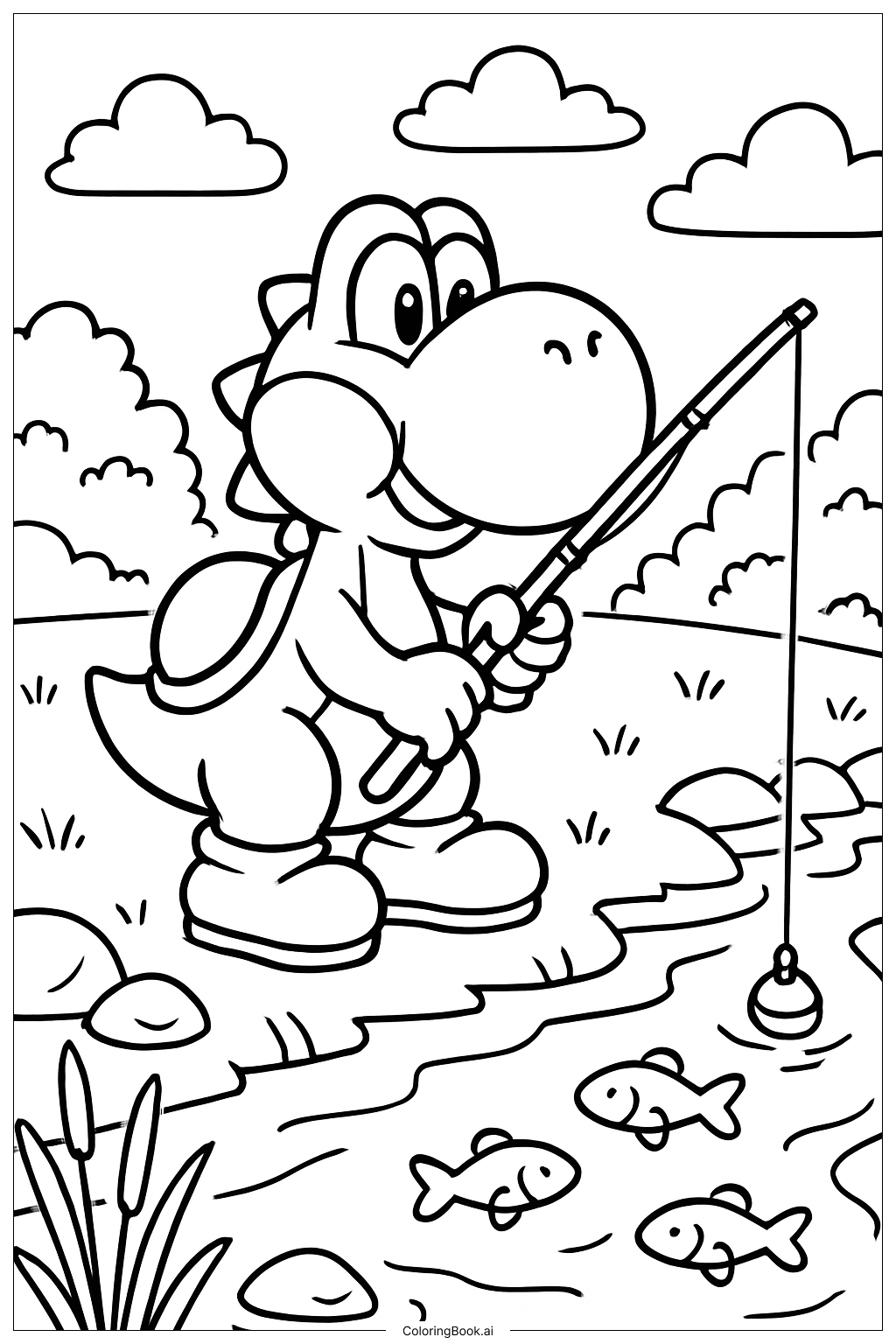  Yoshi with a Fishing Rod by a River Coloring Page 