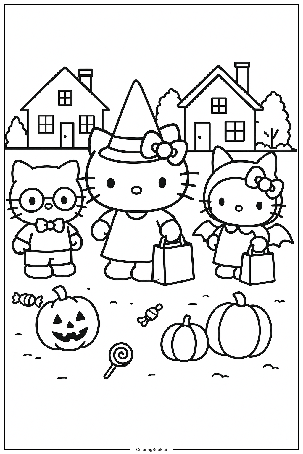  Trang tô màu Hello Kitty Và Bạn Bè Đi Xin Kẹo Halloween 