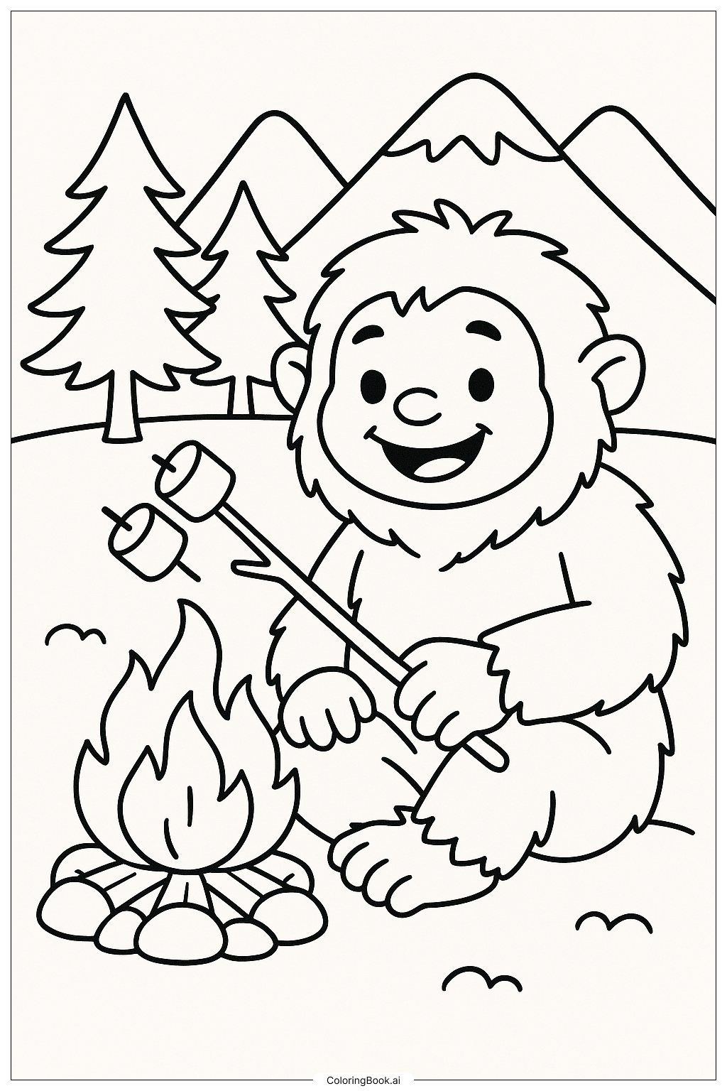  Page de coloriage Yéti faisant griller des guimauves près du feu 