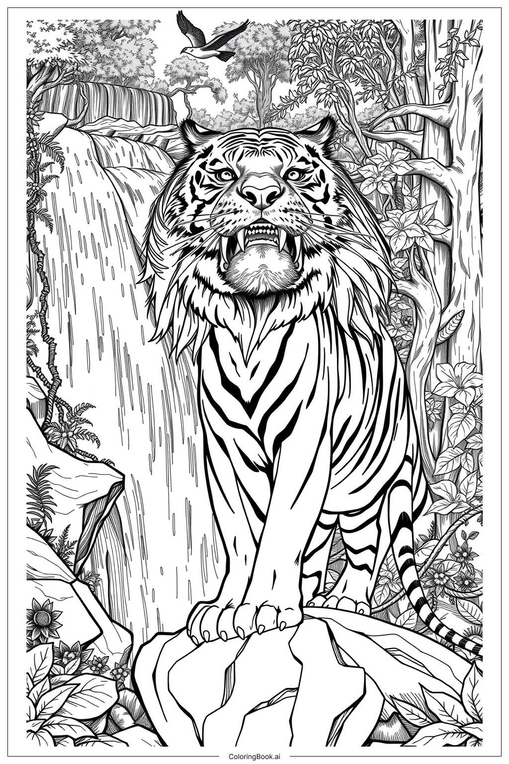  Tiger Waterfall Adventure Coloring Page 