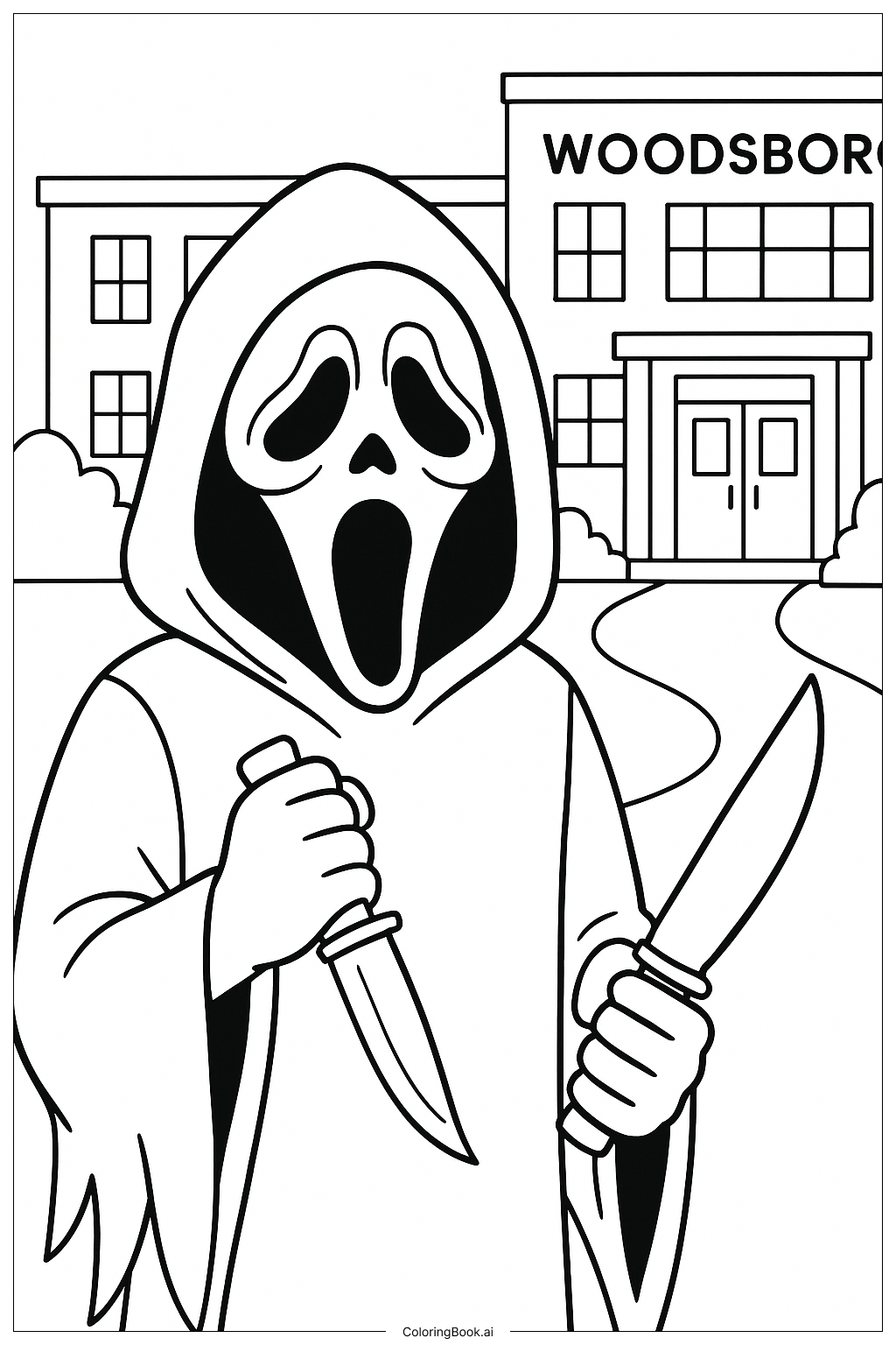  Página para colorear de Ghostface Frente a la Escuela Secundaria Woodsboro 