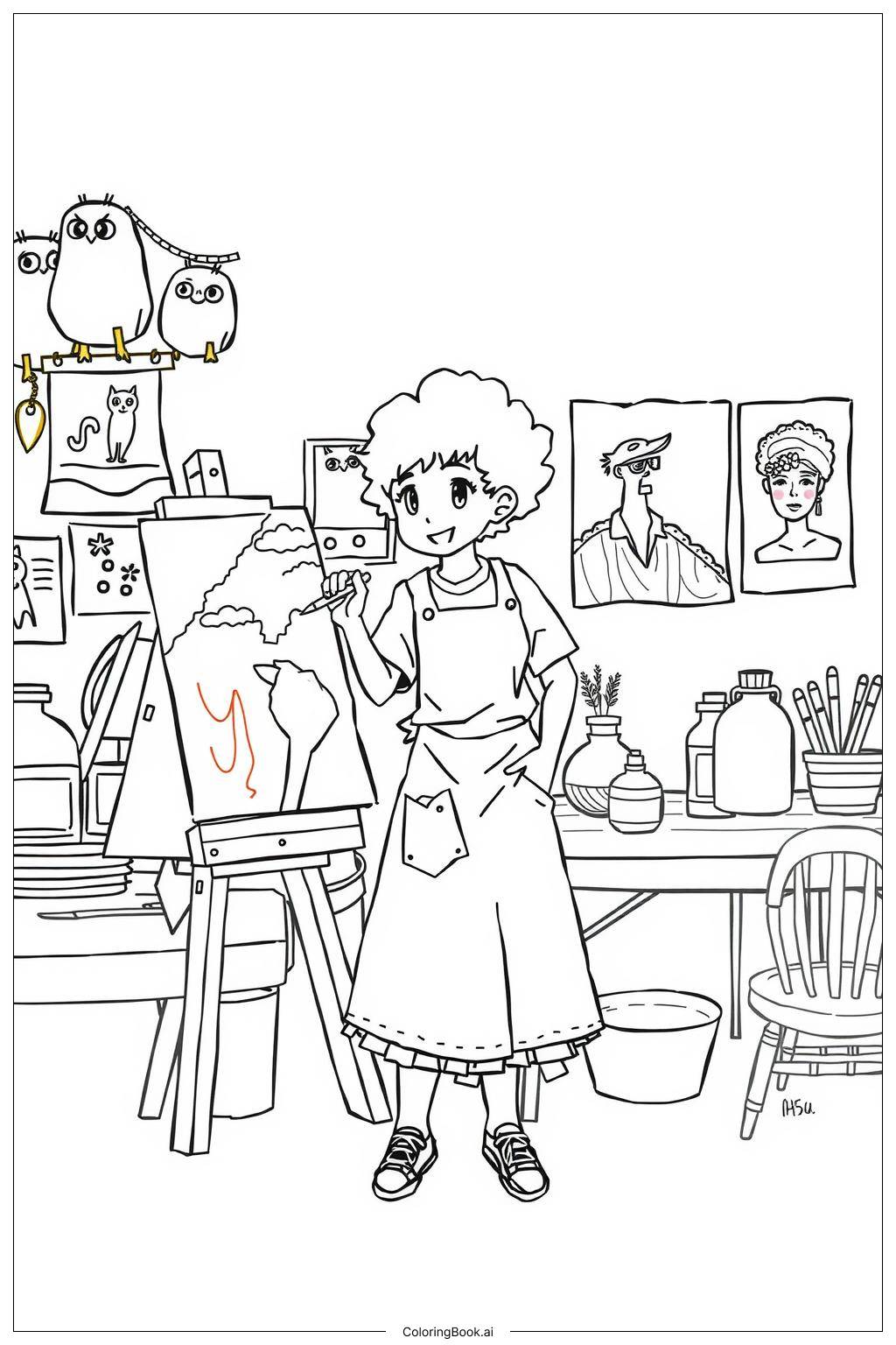  Page de coloriage Fille Noire Créant de l'Art dans Son Atelier-2 