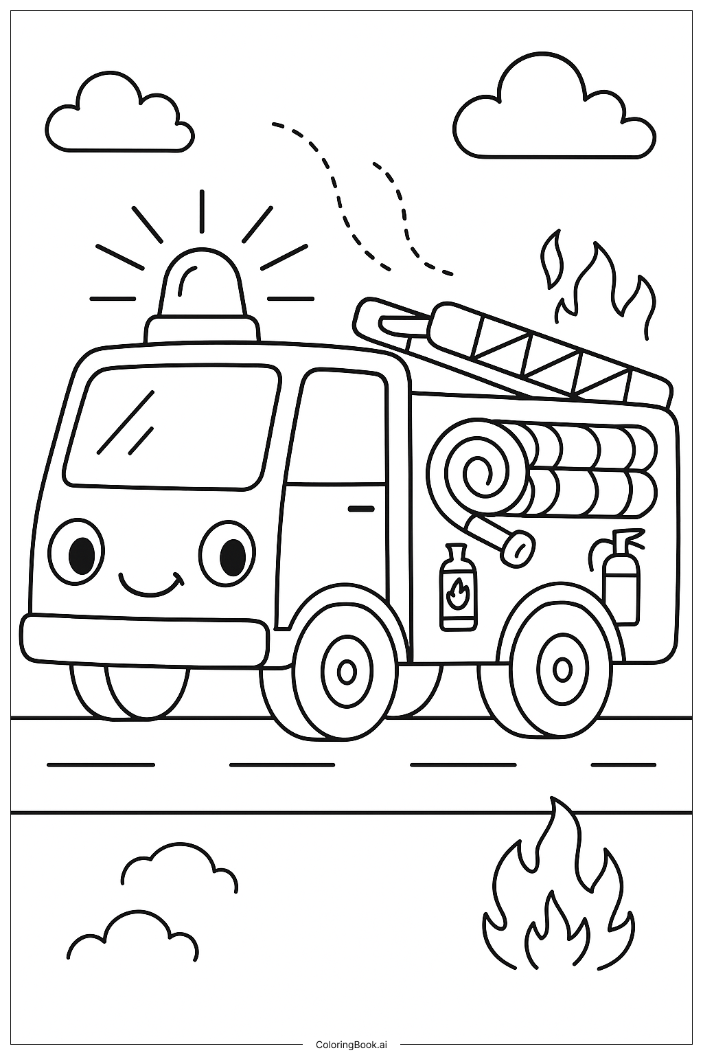  Page de coloriage Camion de pompier avec sirènes brillantes 