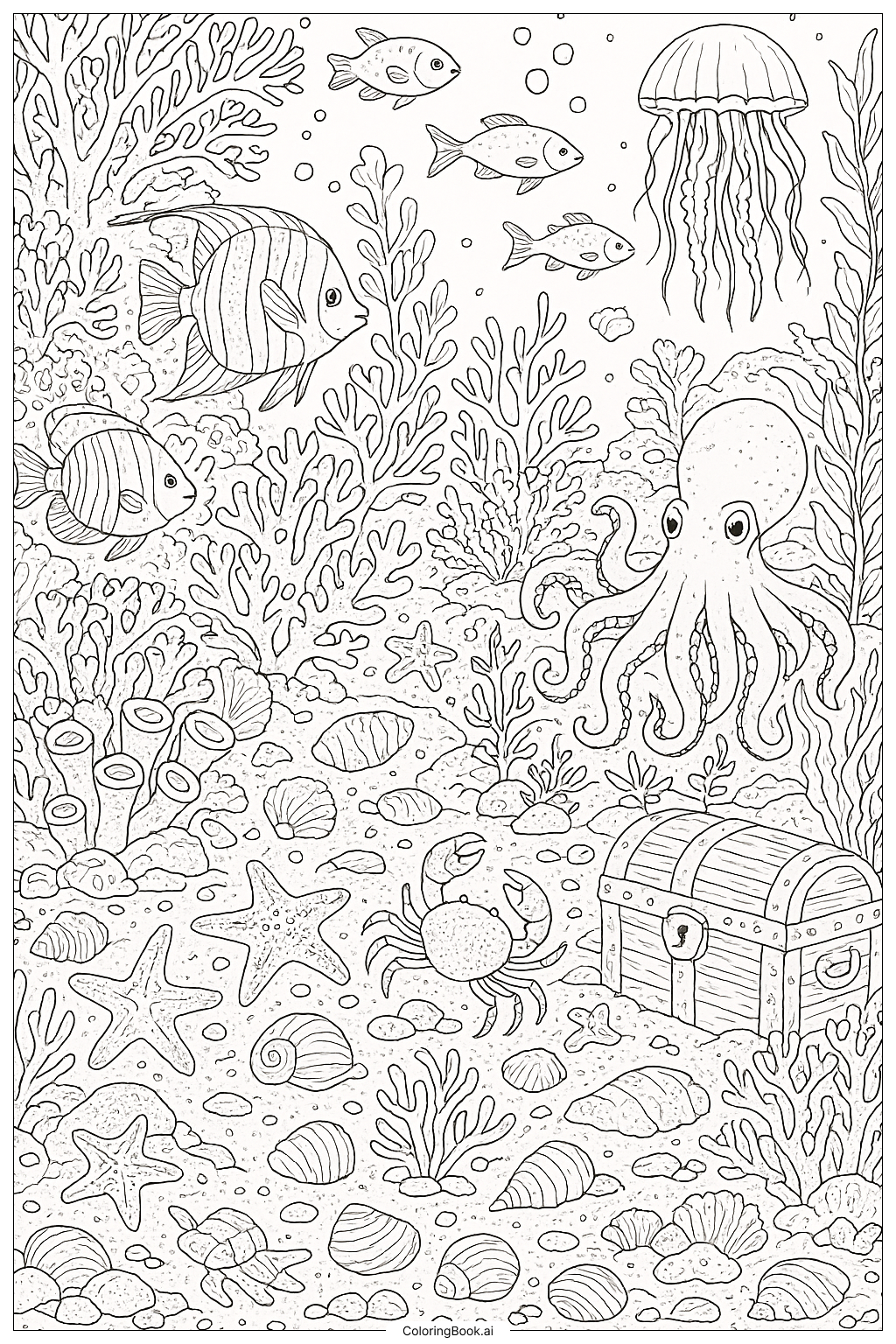  Busy Ocean Floor Scene Under The Sea Coloring Page 