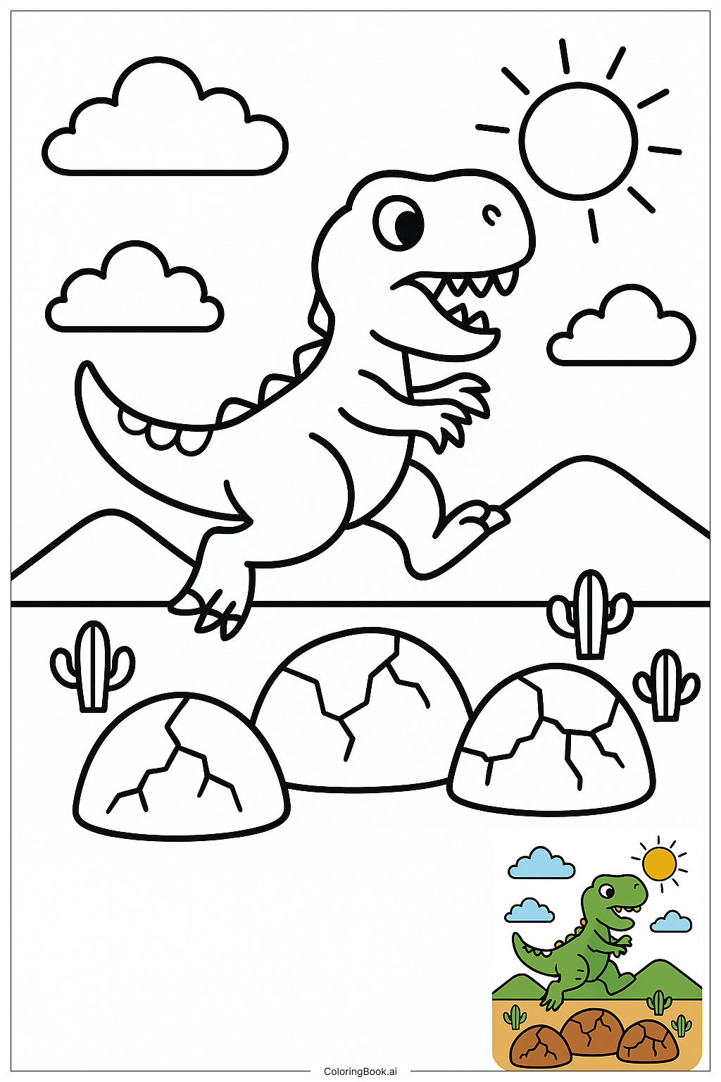  Page de coloriage Dino qui saute par-dessus des rochers 