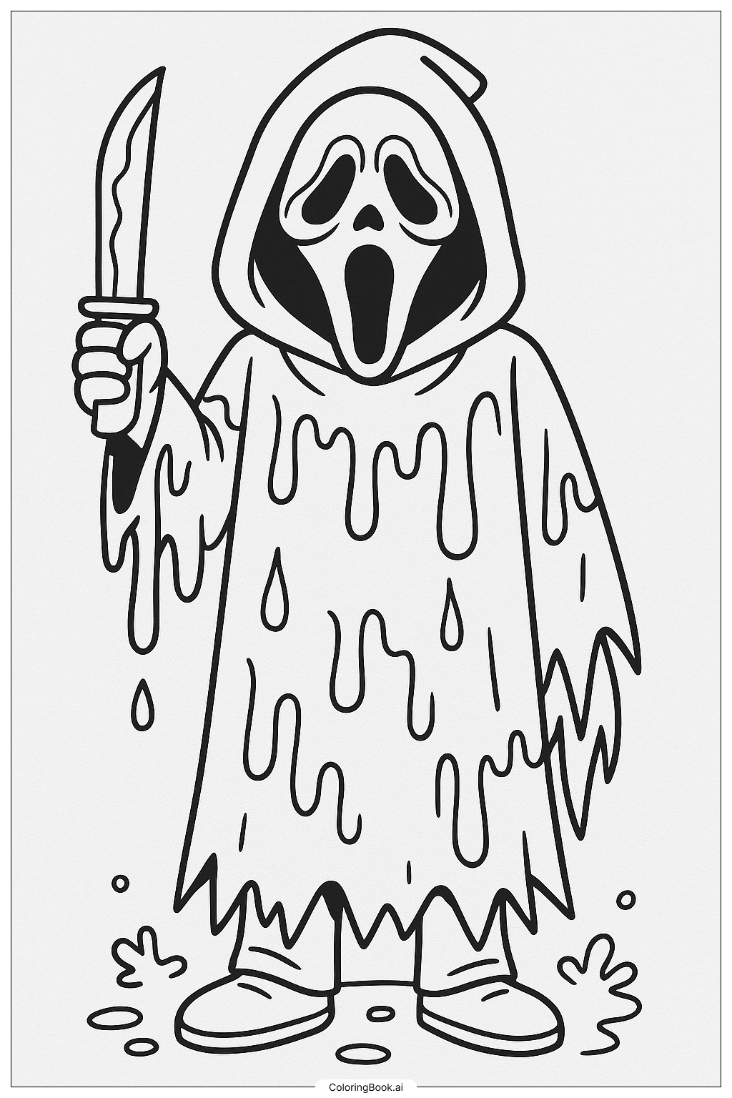  Página para colorear de Ghostface con pintura goteando en su túnica 